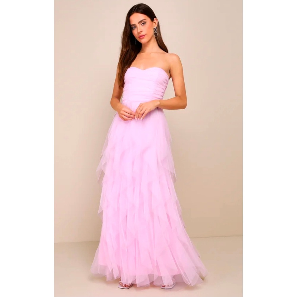 Lulus Delightful Beauty Pink Mesh Strapless Ruched Ruffled Maxi Dress XXL Womens